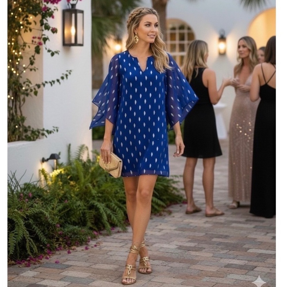 Lilly Pulitzer size 0 Shalynn Silk Caftan Dress Blue Gold Metallic Mini wedding